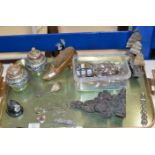 TRAY WITH LARGE SHOE PIN CUSHION, WHITE METAL JUNK BOAT DISPLAY, PAIR OF CLOISONNÉ LIDDED JARS,