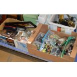 2 BOXES WITH ASSORTED LEGO, EP WARE, MIXED CERAMICS, GLASS DECANTERS, LIDDED TUREEN ETC