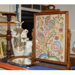 TAPESTRY FIRE SCREEN, WALL MIRROR & MAHOGANY PLANT STAND