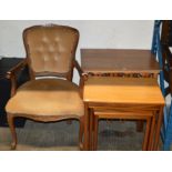 MAHOGANY BEDROOM CHAIR & 2 NESTS OF TEAK TABLES