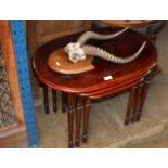 NEST OF 3 REPRODUCTION MAHOGANY TEA TABLES & ANIMAL HORN DISPLAY