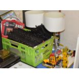 TRAY & BOX WITH MODEL VEHICLES, MODEL FORKLIFT TRUCKS, AMERICAN FOOTBALL MEMORABILIA, SCALEXTRIC