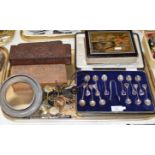 TRAY CONTAINING DECORATIVE WOODEN BOXES, EASTERN WHITE METAL DISH, ACME WHISTLE, COMPASS, ORIENTAL