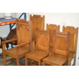 2 SETS OF 3 HEAVY OAK GOTHIC/CHURCH STYLE CHAIRS, 1 SET BY JOHN CRAWFORD OF GLASGOW