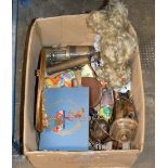 BOX WITH ALBUM OF STAMPS, WW1 MEDAL, BARBOLA STYLE MIRROR, EP WARE, SOFT TOY DOG, MINERS LAMP ETC