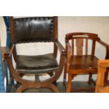 WOODEN TUB CHAIR & OAK SADDLE STYLE CHAIR