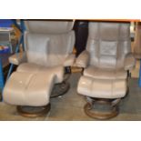 2 SIMILAR GREY LEATHER EASY CHAIRS WITH FOOT STOOLS