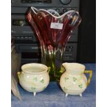 COLOURED GLASS VASE & BELLEEK SUGAR & CREAM