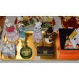 TRAY WITH SILVER MOUNTED PURSE, NAO BUNNY ORNAMENT, NAO FIGURINE, 2 ROYAL DOULTON FIGURINES,