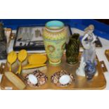 TRAY WITH DOULTON POTTERY VASE, GURGLE JUG, LLADRO FIGURINE ORNAMENT, ROYAL CROWN DERBY CUP & SAUCER