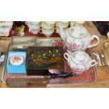 TRAY WITH DECORATIVE ORIENTAL BOX, TUSCAN TEA POT & SUGAR JAR, CRUMB SCOOP, PAPER WEIGHT ETC