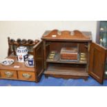 OAK SMOKERS CABINET & OAK PIPE STAND WITH VARIOUS PIPES