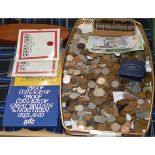 VARIOUS BOXED UK PROOF COIN SETS, TRAY WITH OLD BANK NOTES & LARGE QUANTITY OLD COINAGE, VICTORIAN