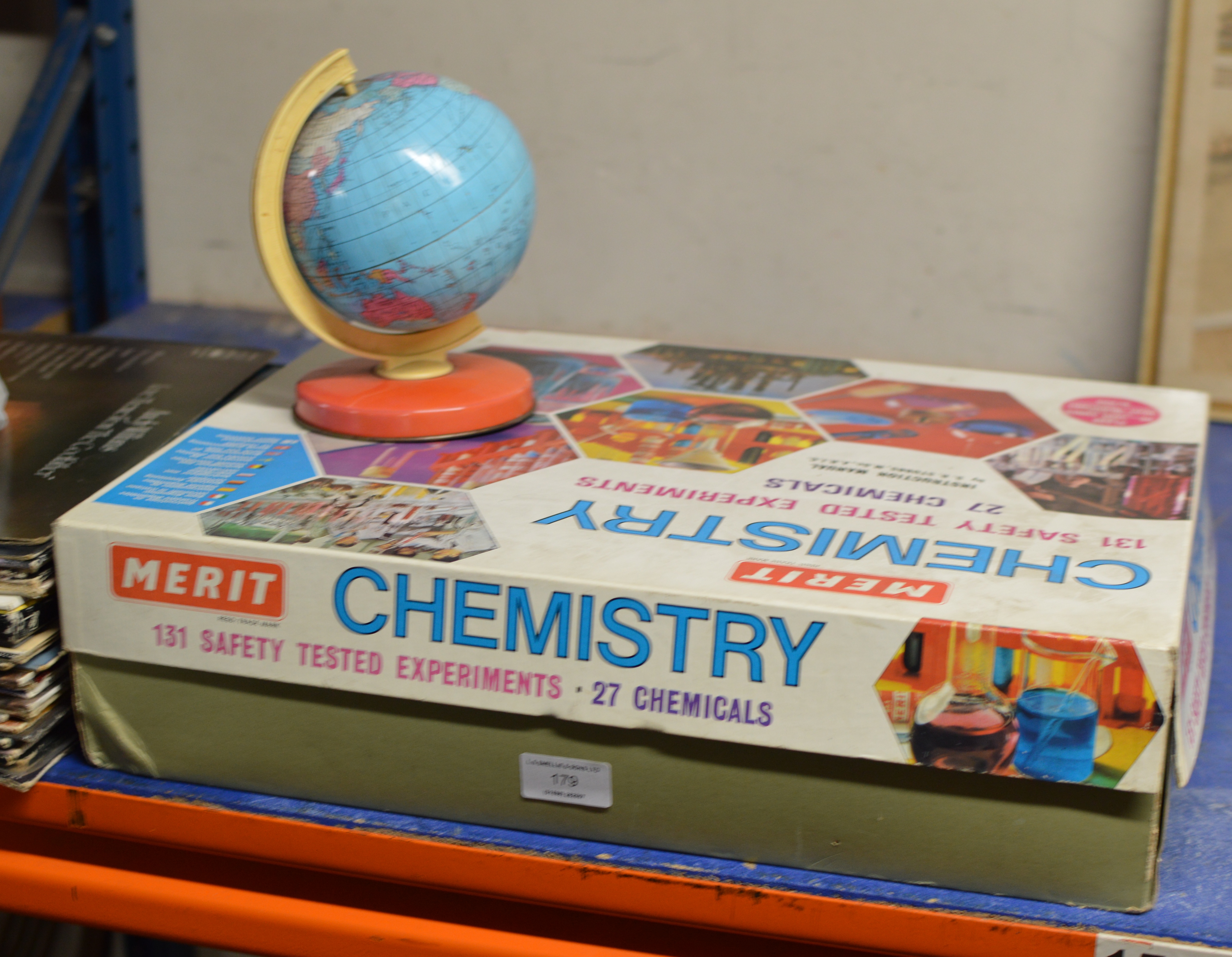 VINTAGE & MOSTLY INTACT MERIT CHEMISTRY SET & VINTAGE TIN PLATE GLOBE