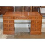 YEW WOOD DOUBLE PEDESTAL WRITING DESK WITH LEATHER TOP
