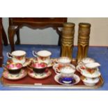 TRAY CONTAINING PAIR OF TRENCH ART DISPLAY & VARIOUS CUP & SAUCER SETS