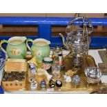 TRAY WITH SPIRIT KETTLE ON STAND, VARIOUS REPRODUCTION SNUFF BOTTLES, COINAGE, SILVER SALT ETC