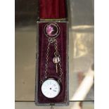 UNUSUAL OLD SPHERICAL MAGNIFIED POCKET WATCH WITH KEY ON CHATELAINE STYLE CHAIN WITH FITTED