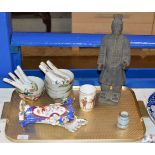 TRAY WITH MIXED CERAMICS, LARGE CHINESE TERRACOTTA WARRIOR FIGURE, CHINESE PORCELAIN BOWLS WITH