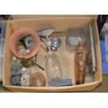 BOX CONTAINING DECORATIVE URN, CHEMICAL BOTTLES, WOODEN ANIMAL DISPLAY, GLASS VASE ETC