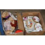 2 BOXES WITH QUANTITY TEA WARE, SOFT TOYS, MIXED CERAMICS, QUANTITY BOOKS ETC