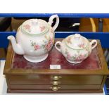 3 DRAWER DISPLAY CASE & TUSCAN LIDDED TEAPOT WITH MATCHING SUGAR JAR