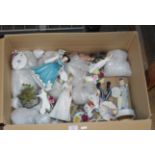 BOX CONTAINING VARIOUS FIGURINE ORNAMENTS, FLORAL POSY DISPLAYS ETC