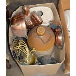 BOX WITH LARGE CERAMIC JAR, VARIOUS JELLY MOULDS, BRASS WARE ETC