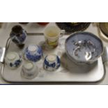 TRAY WITH MIXED CERAMICS, FAIRY LUSTRE STYLE BOWL, OLD ORIENTAL STYLE TEA BOWLS, GOUDA VASE ETC