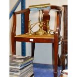 MAHOGANY FRAMED TUB CHAIR, BRASS DESK LAMP & PAIR OF BRASS CANDLE STICKS