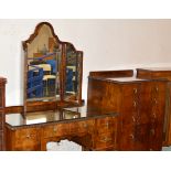 WALNUT DRESSING TABLE WITH TRIPLE MIRROR & GLASS PRESERVE WITH MATCHING 5 DRAWER CHEST WITH GLASS