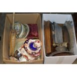 2 BOXES WITH EP WARE, CUTLERY BOXES, MIXED CERAMICS, OLD SPORTS RACKET & GENERAL BRIC-A-BRAC