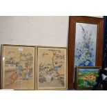 PAIR OF FRAMED CHINESE WATERCOLOURS (SIGNED), OAK FRAMED STILL LIFE PAINTING, SMALL CONTINENTAL