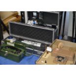 VINTAGE ARMY FIELD STYLE TELEPHONE, LASER LEVEL SET, VINTAGE CAMCORDER IN CARRY CASE & OLD PROJECTOR