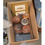BOX CONTAINING FRAMED SWEET HEART POSTCARDS, DECORATIVE WOODEN BOXES, SILVER MOUNTED BOWL ETC