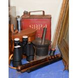 OLD FUEL CAN, PAIR OF BINOCULARS, OLD MORTAR & PESTLE, WOODEN TRUNCHEON & 2 WOODEN SLIDE RULES