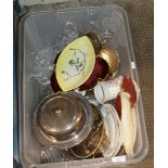 BOX WITH ASSORTED EP WARE, GLASS WARE, CARLTON WARE DISHES & GENERAL BRIC-A-BRAC
