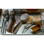 TRAY WITH NUTCRACKERS, 2 SILVER VANITY SETS, MAUCHLINE WARE CRIB, BICYCLE STYLE LAMPS ETC