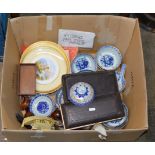 BOX WITH MIXED CERAMICS, CUTLERY, DECORATIVE DISHES, ORIENTAL TEA WARE, WOODEN WARE ETC