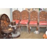 INDIAN STYLE HEAVY CARVED WOODEN CIRCULAR ELEPHANT PEDESTAL TABLE WITH GLASS PRESERVE, 4 MATCHING