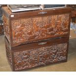 PAIR OF INDIAN STYLE HEAVY CARVED WOODEN BLANKET BOXES