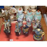 TRAY WITH MIXED ORIENTAL CERAMICS, FIGURINE ORNAMENTS, LIDDED CUP & SAUCER, VARIOUS JARS ETC