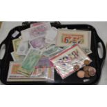 TRAY WITH VARIOUS BANK NOTES, MEDALLIONS, SWEET HEART CARDS ETC