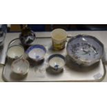 TRAY WITH MIXED CERAMICS, FAIRY LUSTRE STYLE BOWL, SMALL ORIENTAL TEA BOWLS ETC