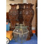 LANTERN & SET OF 4 INDIAN STYLE HEAVY CARVED WOODEN VASES