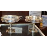 PAIR OF TRI HANDLED CHESTER SILVER SWEET MEAT DISHES OR FRUIT COMPORTS, MAKER MARKS FOR THOMAS