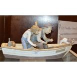LARGE LLADRO FIGURINE ORNAMENT - MAN & BOY IN BOAT WITH DOGS