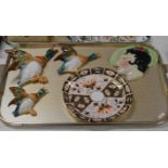 TRAY WITH MIXED CERAMICS, GROUP OF 3 BESWICK FLYING WALL DUCKS, ROYAL CROWN DERBY DISH, DECO STYLE