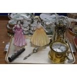 TRAY CONTAINING ROYAL DOULTON FIGURINE ORNAMENTS, DOME CLOCK, SHIPS BELL ETC