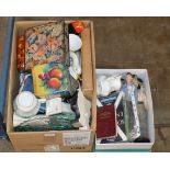 2 BOXES WITH MIXED CERAMICS, DOLLS, NESTING DOLLS, OLD TINS & GENERAL BRIC-A-BRAC